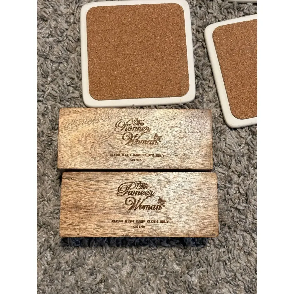 Set of 7 Floral Ceramic Cork Back Coasters w/ Pioneer Woman Wooden Holder